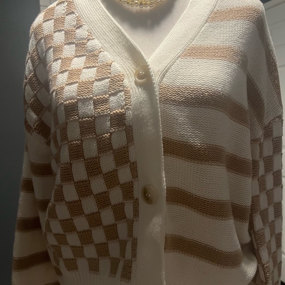 New Buttoned cardigan multi design. whimsical checkered and striped sweate… - Picture 4 of 6